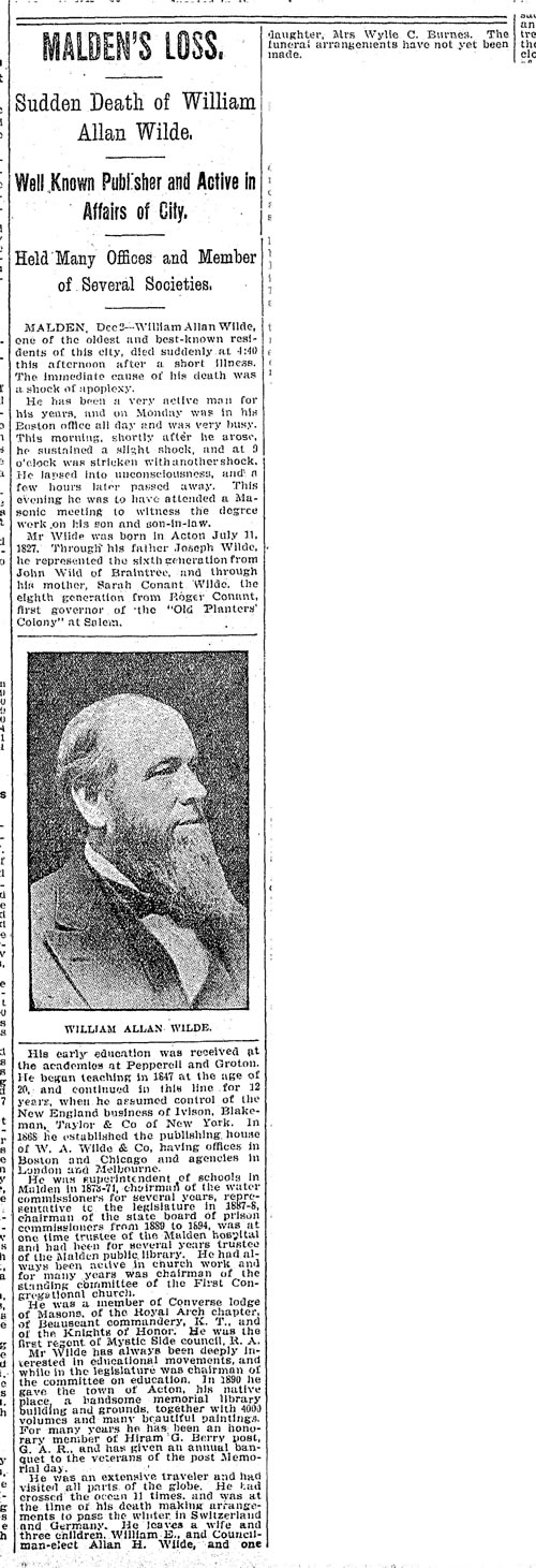 Death of William A. Wilde