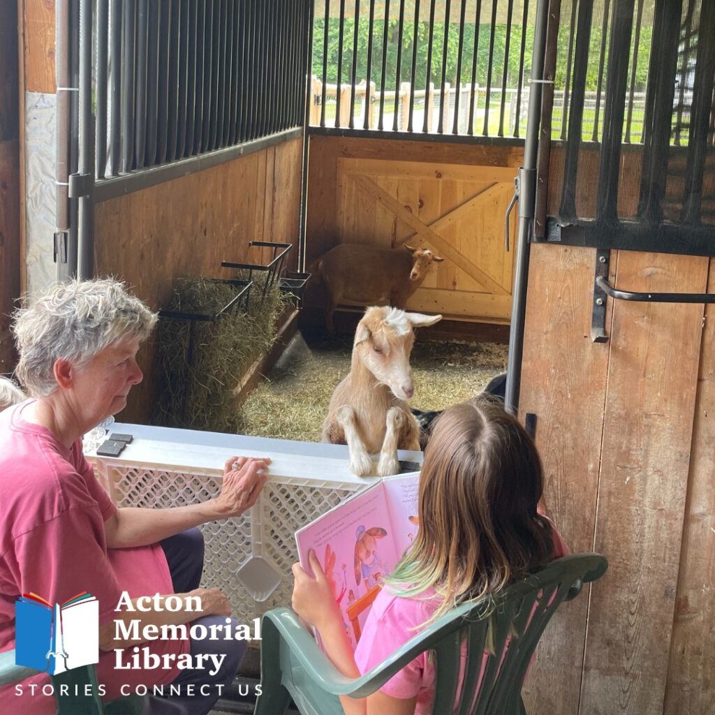 young girl reading to a goat